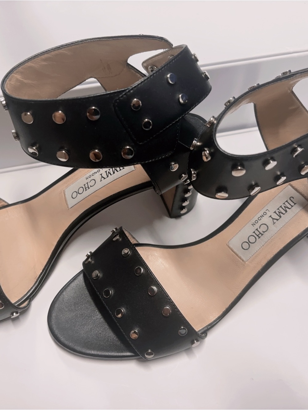 Jimmy Choo Black Studded Leather Ankle-Strap Block Heels